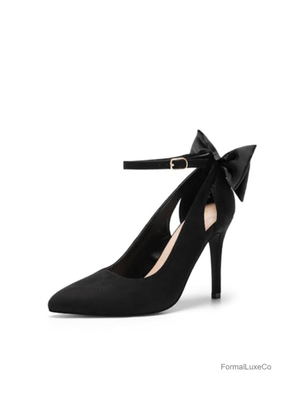 Stiletto High Heels Pumps with Bow Design, Pointed Toe, Adjustable Ankle Strap
